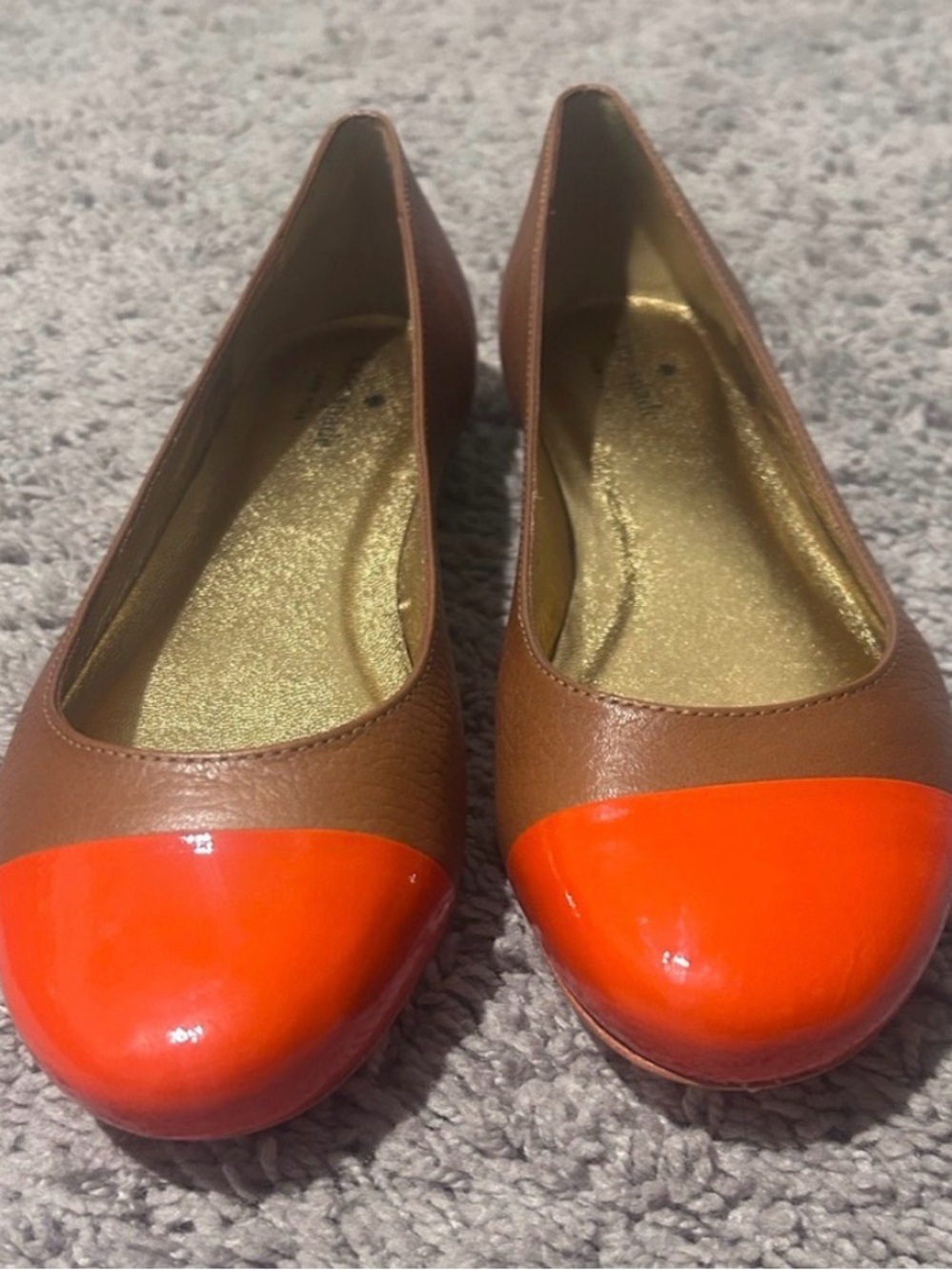 New Kate spade Brown Leather Flats with Orange Cap Toe